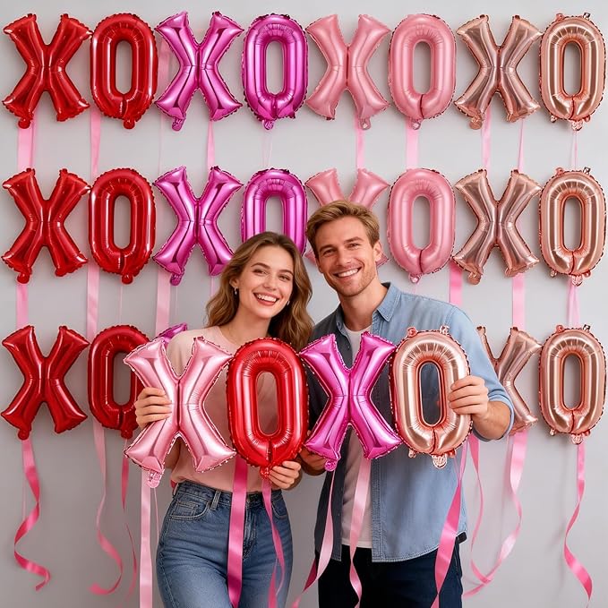 16 Pcs XO Valentines Balloons, 16 Inch Red Pink XOXO Letters Foil Mylar Balloons Banner Valentine Day Balloon Decorations for Romantic Galentines Day Bridal Shower Engagement Anniversary Party Decor