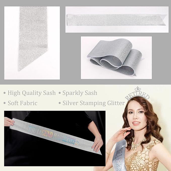 Retirement Gift for Woman - Silver Sash and Crown Headband Party Decorations - The Legend Has Retired - Elegant Cute Rhinestone Headband
