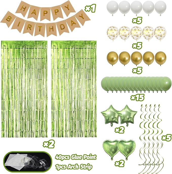 Sage Green Birthday Decorations, Happy Birthday Banner, Olive Green Balloon, Fringe Curtain, Heart Star Foil Balloon, Hanging Swirl for Kids Women Men Girls Boys Party Decorations