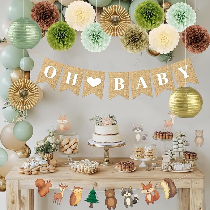 Kriyokiaa Woodland Baby Shower Decorations 15 Pcs Baby Shower Decorations with Oh Baby Banners Paper Lantern Paper Flower Pom Poms