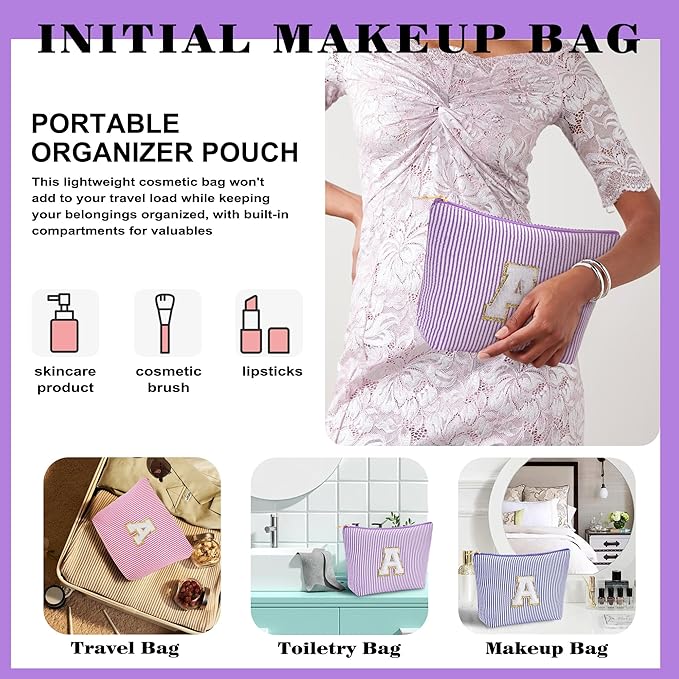 Travel Cute Makeup Bag Set - Make up Cosmetic Bag for Women, Small Makeup Bag for Purse Makeup Kit | Purple Stuff Birthday Gifts for Women Travel Essentials, Purple Letter S