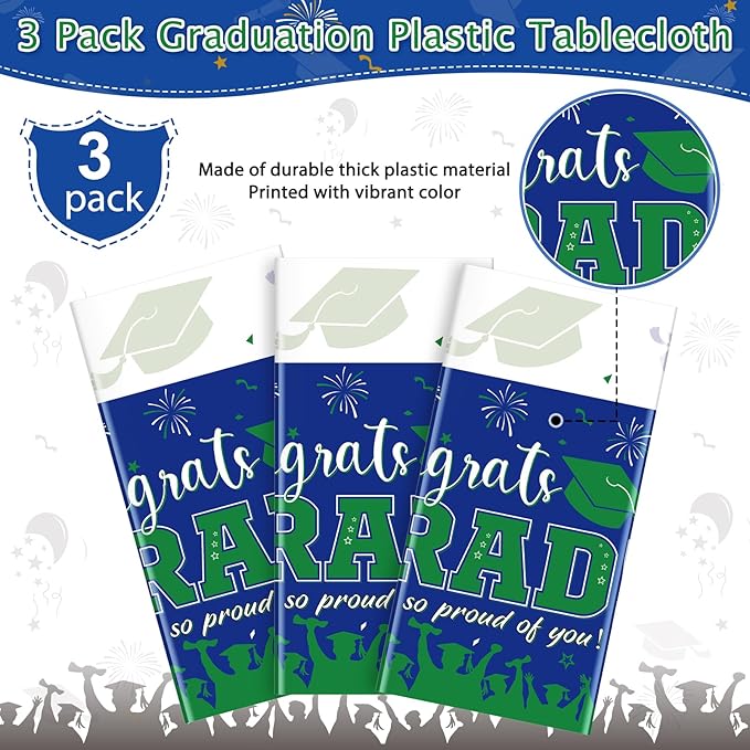 3 Pack Graduation Tablecloth Party Decorations, Class of 2026 Congrats Grad Plastic Tablecover Party Supplies, Blue and Green Rectangle Graduation Table Decor for College High School Party, 54x108Inch
