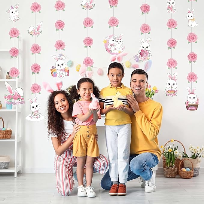 8 Pcs Easter Bunny Birthday Party Decorations Bunny Birthday Hanging Garlands Banner Pink Rose White Rabbit Paper Cutouts Streamer for Girls Wall Ceiling Decor Rabbit Party Supplies