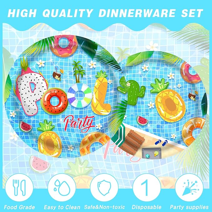 140PCS Summer Pool Party Decorations Set Swimming Beach Ball Themed Birthday, Tropical Hawaii Holiday Tableware Supplies Includes Plates, Napkin, Fork, Cup, Serves 20