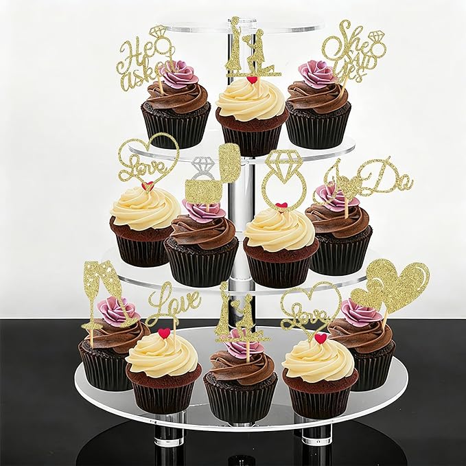 60 Pcs He Asked She Said Yes Cupcake Toppers,Engagement Cupcake Toppers Glitter Diamond Ring Heart Love I Do Cupcake Picks for Engagement Wedding Party Cake Decorations,Gold
