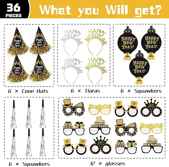 2026 New Year's Eve Party Supplies,36 Pcs Happy New Year Party Supplies Kit,Including 6 Hats, 6 Headband Tiara,12 Glasses,12 Noise Makers(Serve 12)