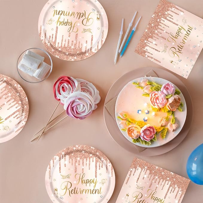 40PCS Retirement Decorations For Women Rose Gold Retirement Party Decorations Supplies Tableware Plates and Napkins for Women Going Away Party Disposable Dinnerware Kit,20 Guests