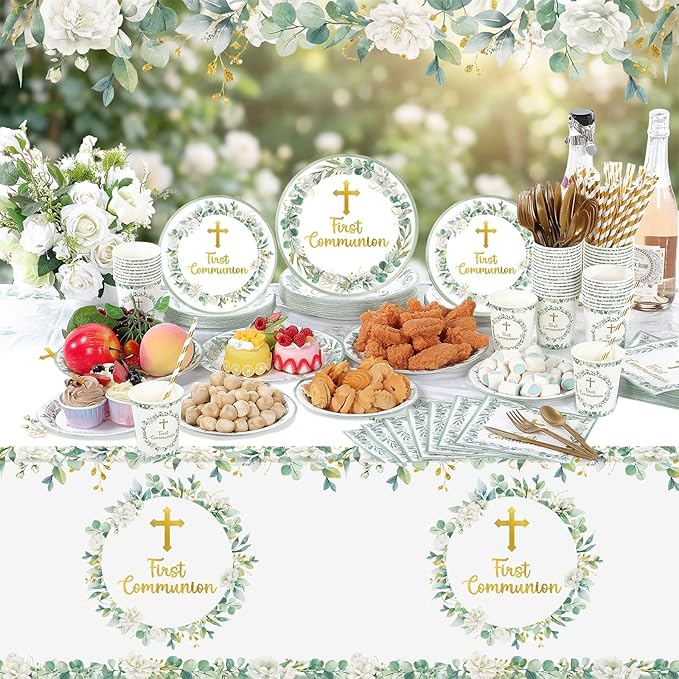 Ceenna 452 Pcs First Communion Party Decoration Boy for 50, Green Baptism Paper Plate Napkin Cup Tablecloth Cutlery Straw God Bless Disposable Tableware for Christening Religious Baby Shower Supplies