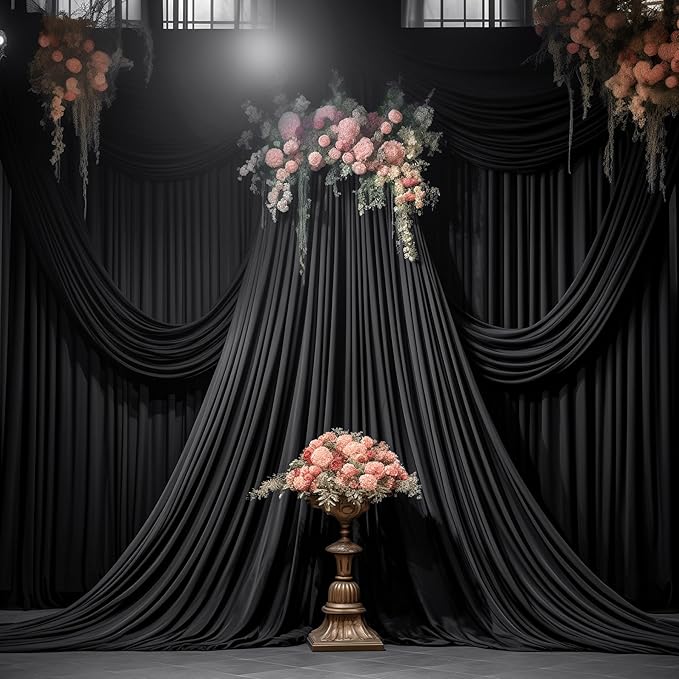 16x10FT Black Backdrop Curtains for Wedding Parties, Wrinkle Free Polyester Photography Backdrop Drapes for Wedding Baby Shower Birthday Parties Stage Background Stand Decorations 4x10ft, 4 Panels