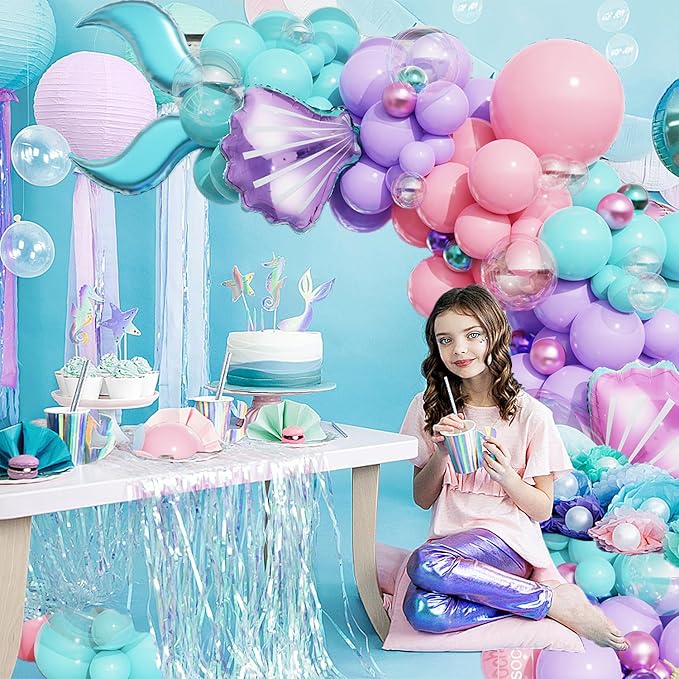 Mermaid Balloon Garland Arch Kit, Pastel Pink Purple Teal Blue Clear Balloons with Tail Seashell Foil Balloons for Little Mermaid Birthday Party Decorations Summer Under The Sea Ocean Party