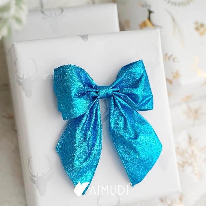 AIMUDI Blue Glitter Wired Ribbon Bows with Twist Tie 5.5" Premade Metallic Christmas Bows for Gift Wrapping, Wreath, Garland, Holiday Crafts Party Home Outdoor Christmas Tree Decorations, 12 PCs