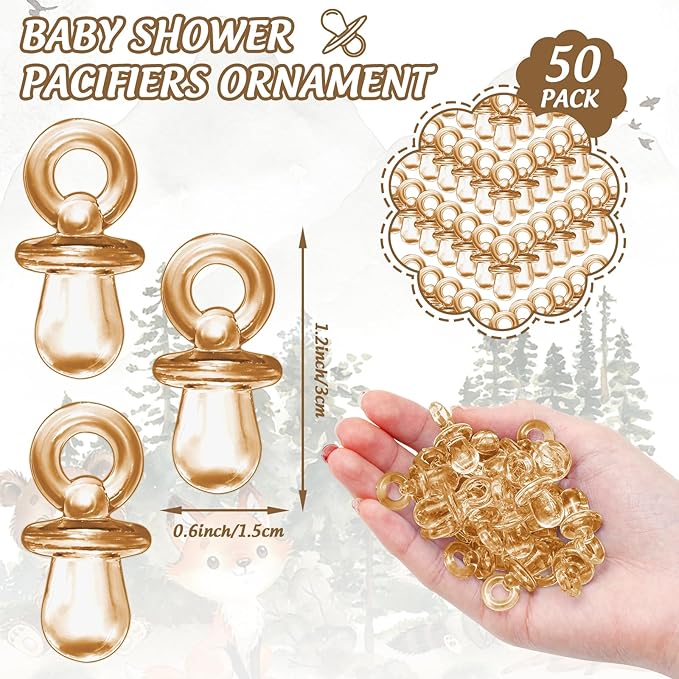 Whaline 51 Pcs Woodland Animals Pacifier Hunt Baby Shower Game Include Wooden Sign 50 Brown Plastic Pacifier for Gender Reveal Party Favor Gift Supplies