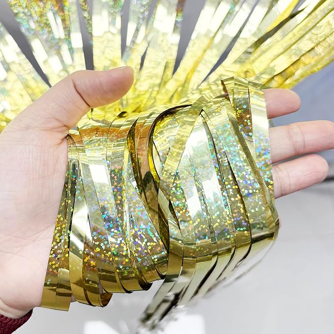 BRAVESHINE Gold Party Tinsel Backdrop - 2 Pack 3.2x8.2ft Metallic Foil Fringe Curtain Streamers for Birthday/Engagement/Bachelorette/Anniversary/Prom/Graduation/Hawaiian/Luau/Wedding Decorations