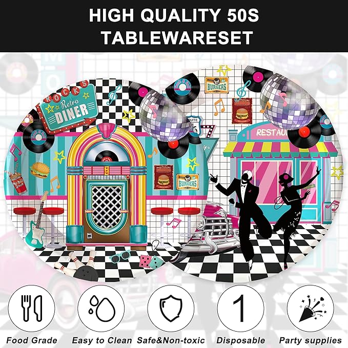 120pcs 50's Theme Party Supplies Back To 1950's Sock Hop Birthday Party Decoration Retro Rock And Roll Tableware Fabulous For Serves 20 Guests
