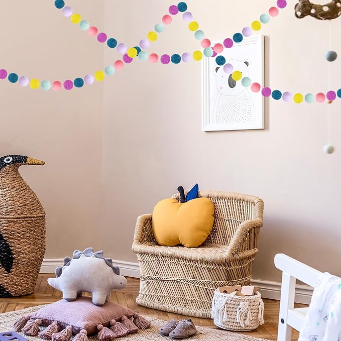 Boao 2 Pieces Wool Felt Ball Garland Colorful Pom Pom Garland Handmade 6.5 Feet Long 24 Balls Felt Banner for Wall Christmas Tree Decoration (Macaron Color)