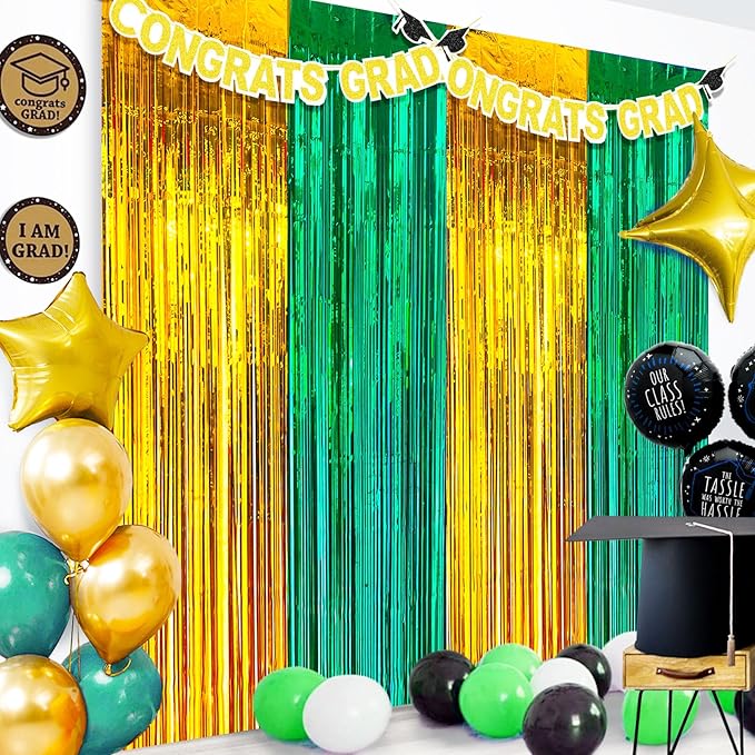 MYUPDALIN 2 Pack Green and Gold Graduation Decorations 2025 -Tinsel Foil Fringe Curtains Backdrop - High School College University Graduation Party Photo Booth Props Backdrop