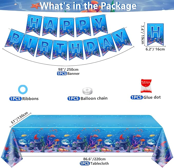 223 Pack Under the Sea Party Supplies Ocean Sea Party Tableware Set Plates Cups Napkins Tablecloth Banner Balloons Cake Toppers for Underwater World Birthday Ocean Animal Party Decorations Serves 20