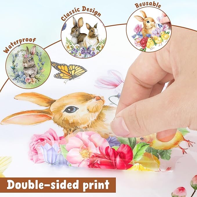 9 Sheets Easter Window Clings, 87 PCS Watercolor Easter Party Decorations with Bunny Egg Flower, Double Sided Egg Window Decals Stickers for Spring Decor Home Office Party Supplies
