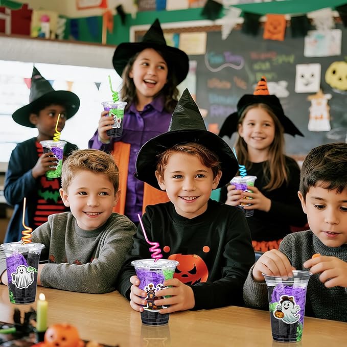 Qinyoung 24 Set Creative Halloween Classroom Favor Trick or Treat Plastic Cup with Lid Colorful Straw Sticker and Raffia Treat Loot Bag Set for Kid Student Halloween Party Favor School Class Gift Idea