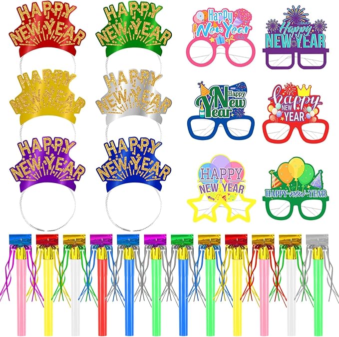 Openfly 24Pcs New Years Eve Party Supplies 2026 Happy New Years Party Headband Hats New Year Glasses New Year Noise Makers
