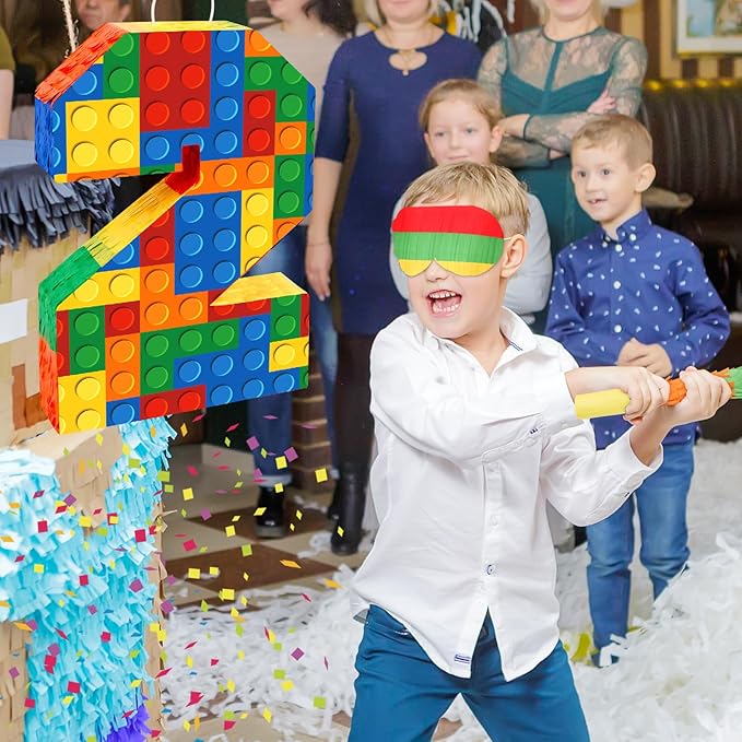 Building Blocks Number 2 Pinata with Pinata Stick & Blindfold 2th Birthday Party Decorations for Kids Happy Birthday Building Block Theme Party Supplies for Boys Girls (16 x 10.6 x 3 In)