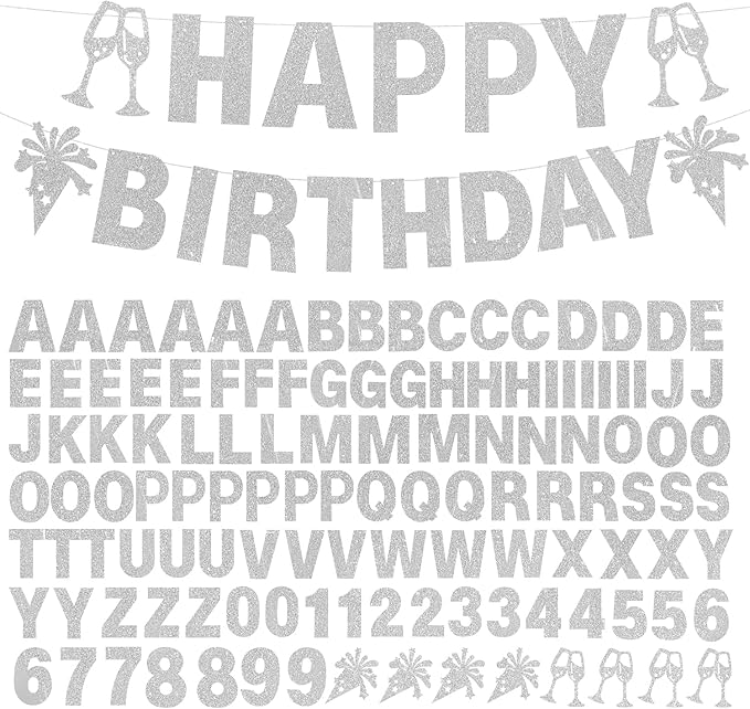 129Pcs DIY Letter Banners Glitter Customizable Banner Kit Custom Banners DIY Happy Birthday Letters 0-9 Numbers Personalized Banner Decor Wedding Birthday Party Decorations Supplies(Dazzling Silver)