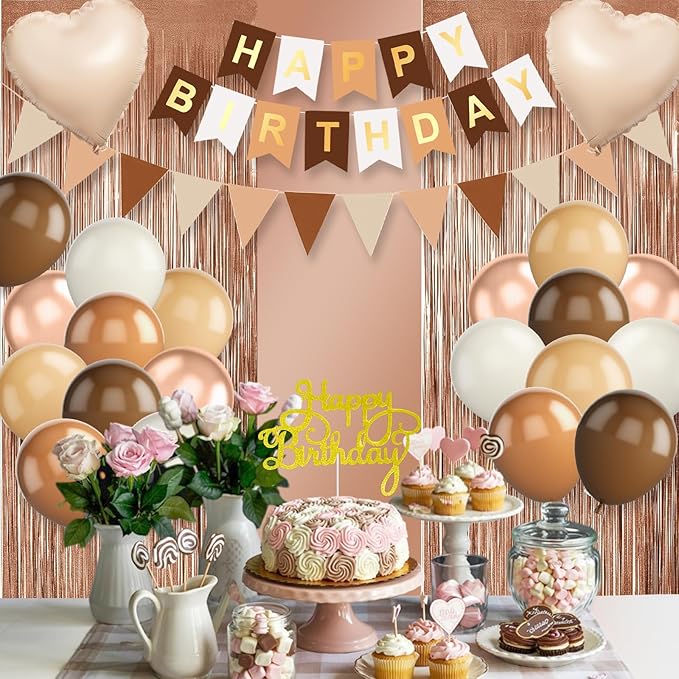 Brown Birthday Decorations,Happy Birthday Banner Beige Cream Neutral Boho Balloons Fringe Curtain Heart Foil Balloons for Women Boys Girls Baby Shower