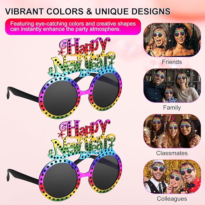 Happy New Year Metallic Glasses Shiny 2026 Party Eyeglasses for Adults & Kids Fun NYE Accessories & Photo Booth Props