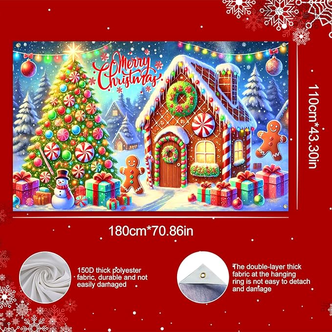 Gingerbread Christmas Backdrop 71x43 Inches Snowman Tree Scene Banner Holiday Photography Background Indoor Outdoor Merry Christmas Decoration for Wall Party Display
