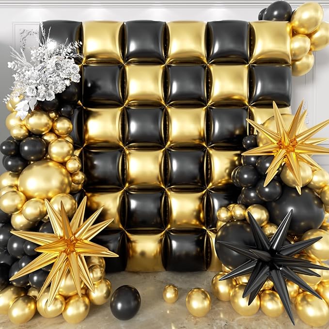 36pcs Gold and Black Square Foil Balloons Wall Backdrop with 147pcs Balloon Garland Arch Kit, Double Sided Balloons for Birthday Bridal Shower Anniversary New Year Graduation Party Decorations