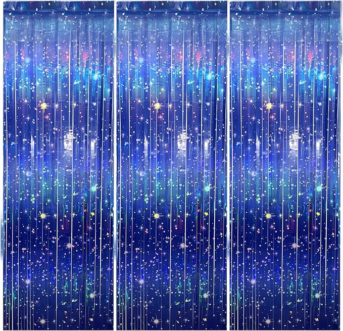 3 PCS Galaxy Foil Curtains Backdrop for Space Themed Party Decorations, 3.3 x 6.6 ft Blue Iridescent Tinsel Curtains, Foil Fringe for Photo Booth, Outer Space Birthday or Alien Party