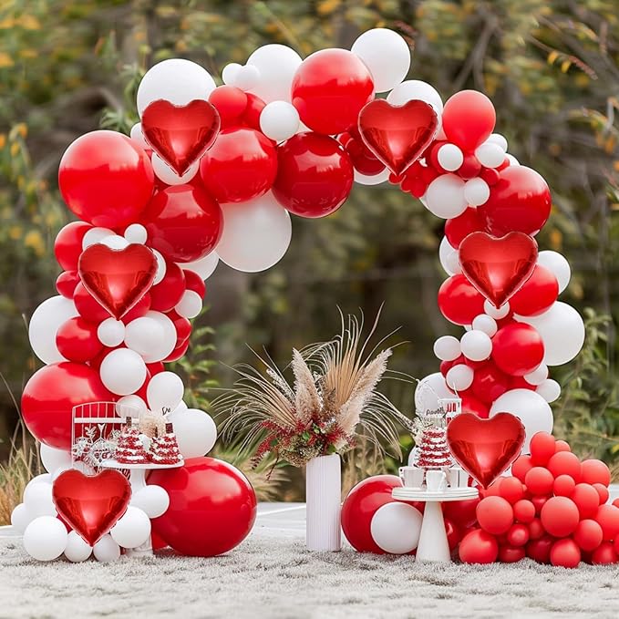 Red White Balloon Garland Arch Kit, 160Pcs Red and White Balloons with Heart Foil Balloons for Romantic Wedding Birthday Party Bridal Shower Valentines Day Decorations