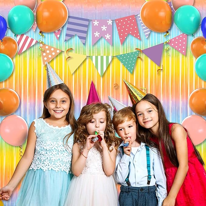 3 Pack Light Rainbow Foil Fringe Curtains Backdrop, 3.28 x 8.2 Ft Metallic Streamers Tinsel Curtains Background for Photo Booth, Birthday, Halloween, Christmas, New Year Party Decorations