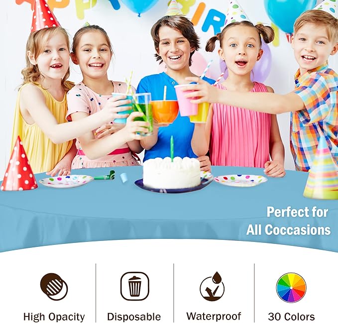 Exquisite Party Solids 6-Pack Premium Plastic Tablecloth 84in. Round Plastic Table Cover - Sky Blue