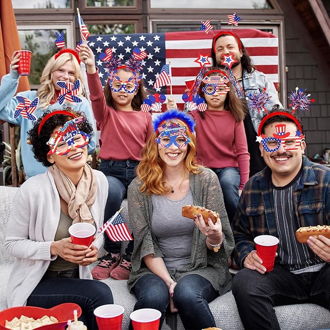 Max Fun 4th of July Accessories, 18 Pcs Patriotic Glasses and Headbands Set Fourth of July Decorations for Kids Adults Independence Day Party Favors Photo Booth Props