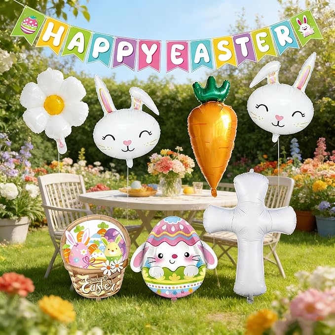 Easter Party Decorations, 16Pcs Happy Easter Banner and Large Easter Foil Balloons Decorations Set, Includes Bunny, Egg, Carrot, Daisy and Crucifix Mylar Balloons for Spring Party Holiday Celebrations