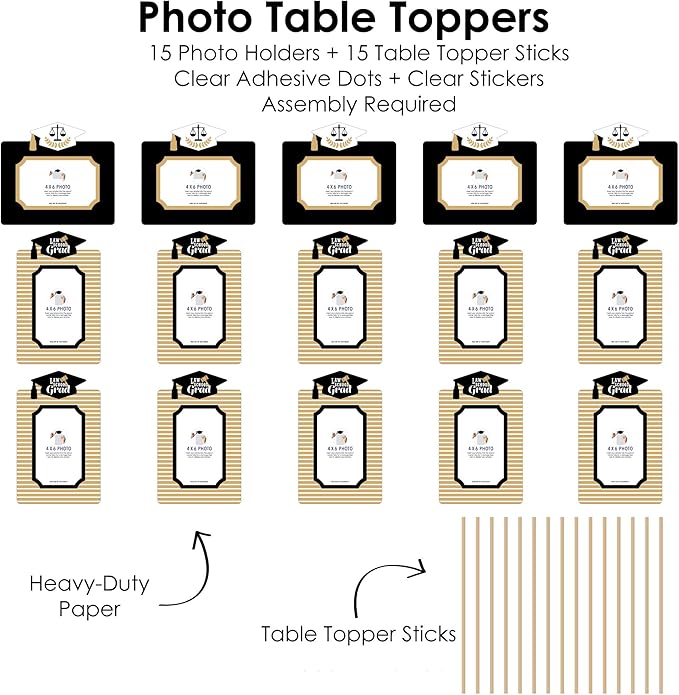 Graduation Photo Display Centerpiece Kit - 15 Double-Sided Photo Table Topper Sticks, Vertical and Horizontal 4x6 Picture Holders, DIY Party Decoration Set - Law School Grad