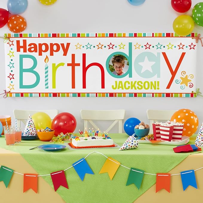 Let's Make Memories Personalized Birthday Banner - Kids Party Decorations - Custom Happy Birthday Banner - Indoor/Outdoor Vinyl - Any Text and Photo - Red Multi - 8ft