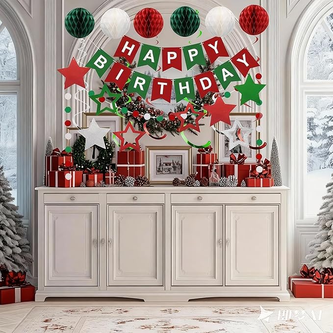 Red Green and White Birthday Decorations,Happy Birthday Banner with Honeycomb-Style Decorative Balls,Feet Circle Dot Garland,Stars Swirls Streamers,Happy Birthday Decorations for Women Men Girls Boys