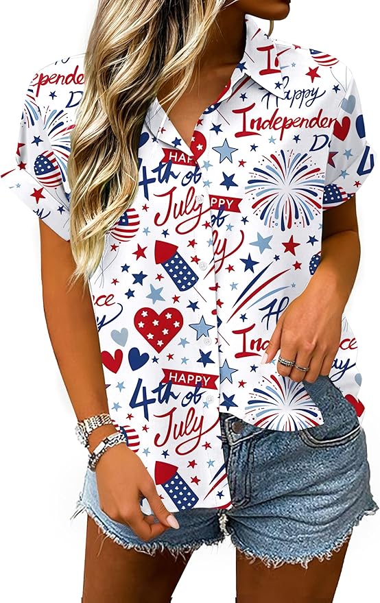 4th of July Shirts Women American Flag Patriotic Shirt Independence Day Short Sleeve Button Down Outfits