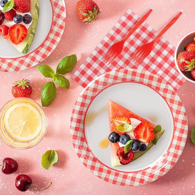 168PCS Party Plates, Scalloped Gingham Paper Plates and Cups and Napkins Sets Party Supplies for Birthday Wedding Bridal Shower Baby Shower Picnic, Serve for 24 Guests (Red Gingham)