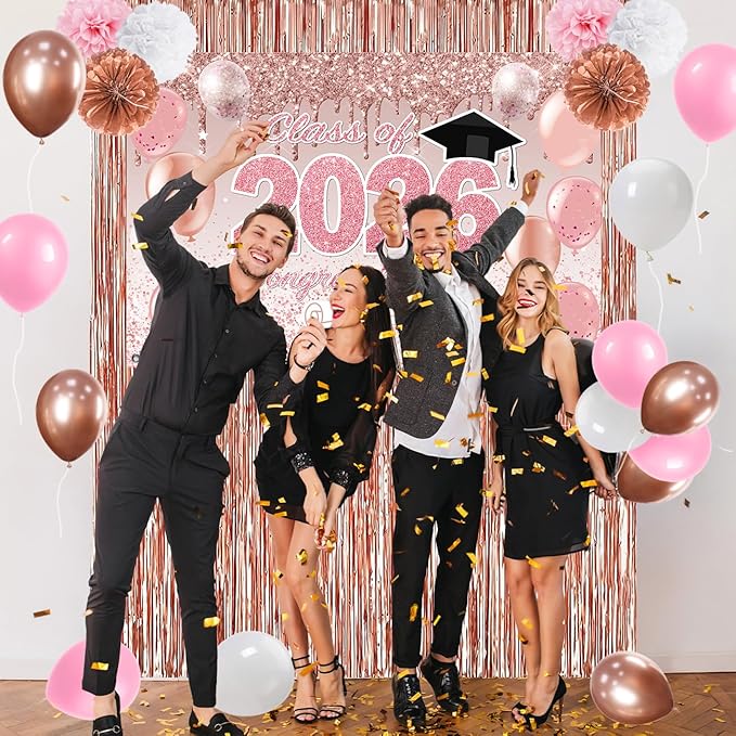 Pink Graduation Decorations Class of 2026, Rose Gold 2026 Graduation Party Decorations, Class of 2026 Paper Pompoms Paper Tassels Backdrop and Balloons for Class of 2026 Party Supplies