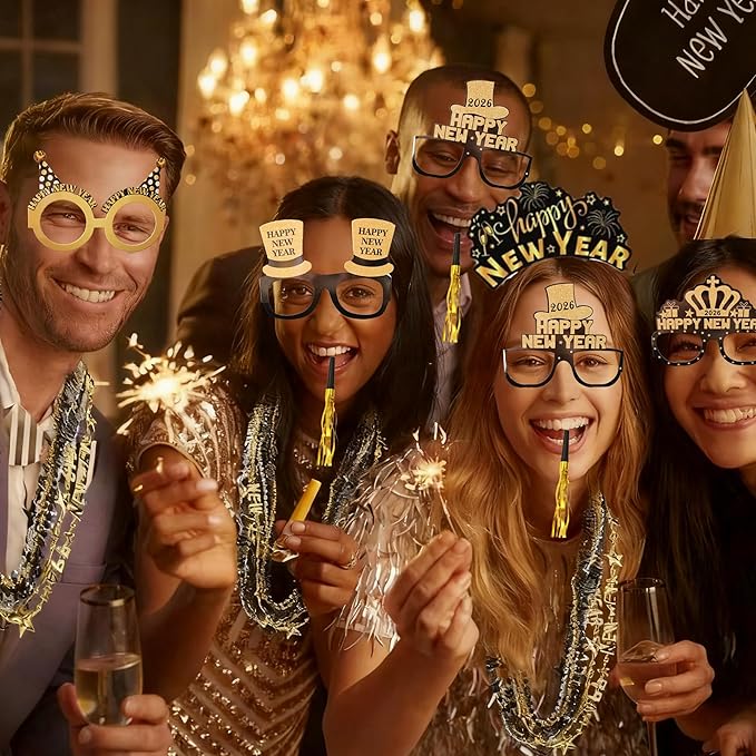 Ansoufien 2026 New Year Party Supplies 48PCS – New Years Eve Party Supplies Set with Cone Hats, Headbands, Glasses, Noisemakers and Bead Necklaces – Happy New Year 2026 NYE Decorations
