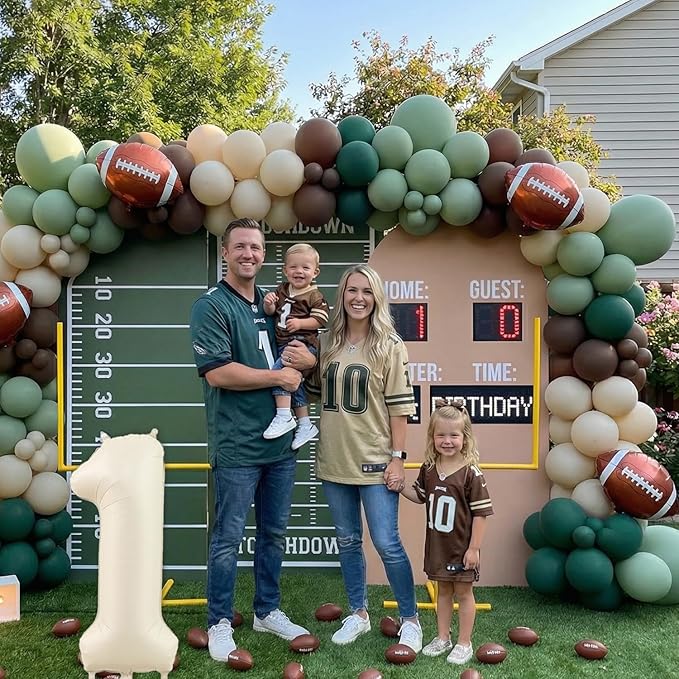 First Year Down Football Balloon Arch Kit – 1st Birthday Football Decorations with Number 1 Balloon, Football Foil Balloons & Green Brown Balloon Garland for Baby Boy Birthday Party (139PCS)