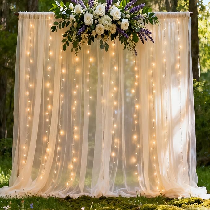 Ivory Tulle Backdrop Curtain with Lights Strings, Elegant Sheer Photo Backdrop Drapes 2 Panels, Soft Fabric Curtain for Weddings Brithday Baby Shower Parties Photography Background Decor,10ftx8ft