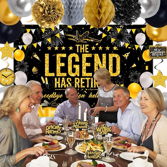Retirement Party Decorations Men Women, Black Gold Happy Retirement Decorations, Happy RetIrement Banner, Retired Backdrop, Balloons, Pompoms, Hanging Swirls, Retired Cards, Cake Toppers Set 54pcs