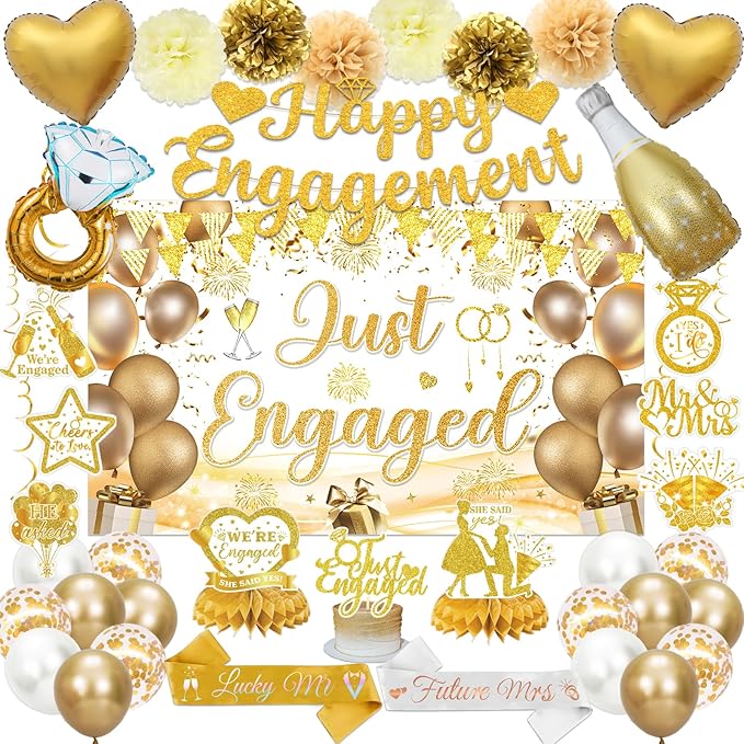Gold Engagement Party Decorations Just Engaged Decorations Happy Engagement Banner Backdrop Banner Hanging Swirls for Married Decorations Congratulations Wedding Bachelorette Party Decorations