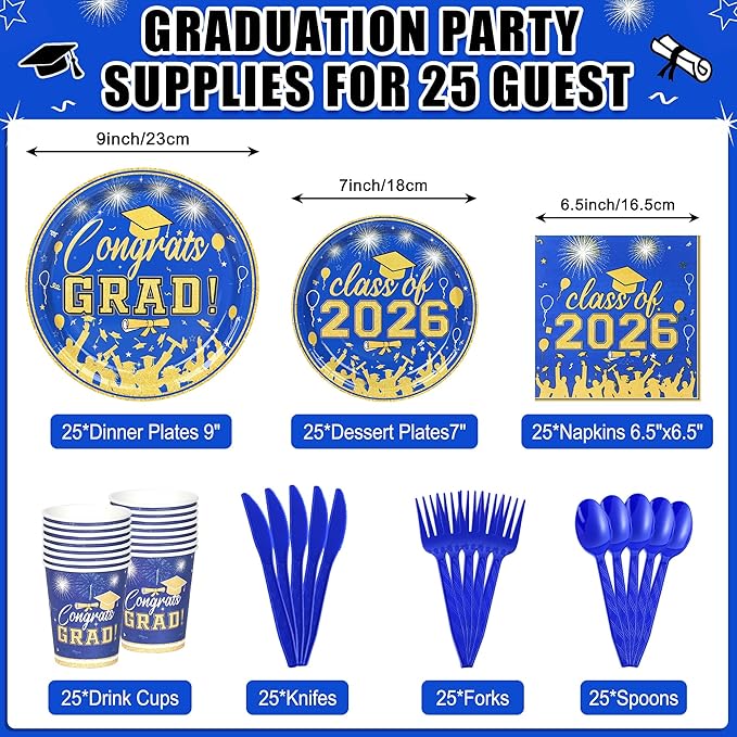 175PCS Graduation Plates and Napkins Set 2026 Graduation Party Supplies Tableware Set Include Paper Plate Napkin Cup Knife Fork Spoon for Grad Party Decor Serve25 (Blue and Gold)