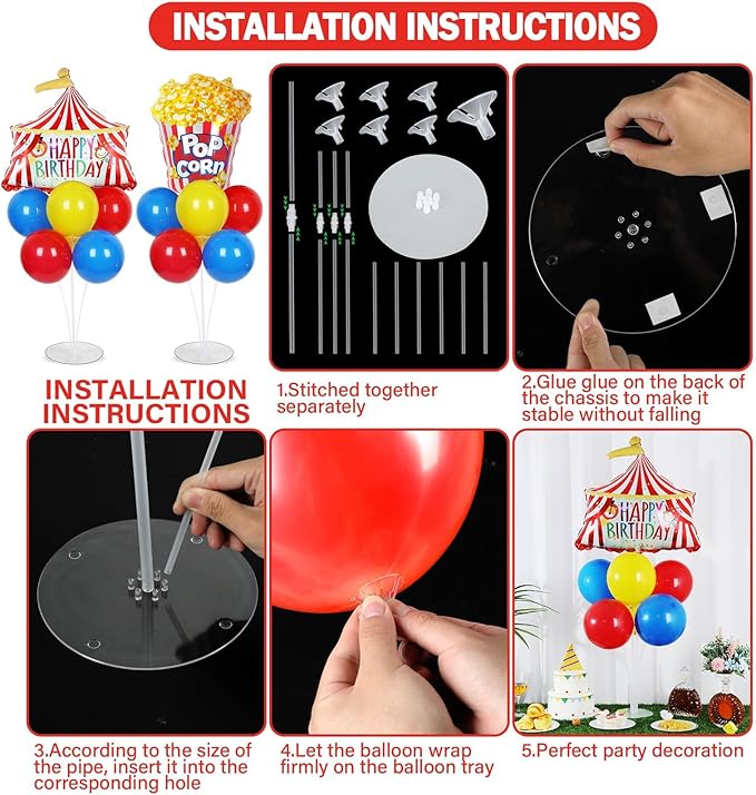 Carnival Circus Birthday Party Balloons Stand Kit 2 Sets with 2 Circus Tent Popcorn Foil Balloons Plim Themed Red Blue Yellow Balloon Centerpiece for Tables for Carnival Birthday Party Decorations