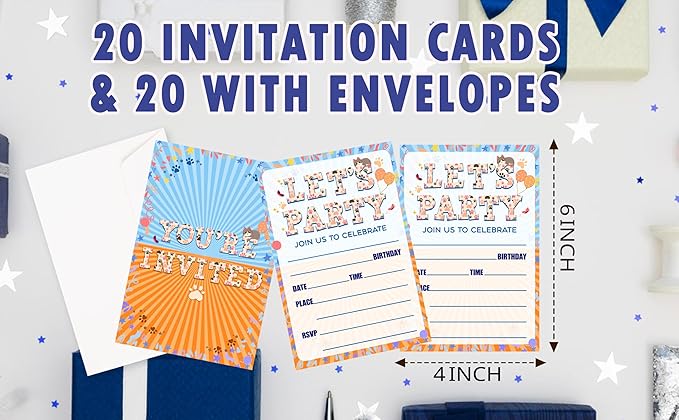 CLIRBE Let's Party Birthday Invitations, Cute Cats Invited Birthday Invitations For Teen Boys Girls, 20 Invites Cards With 20 Envelopes, Party Supplies Favors -H17